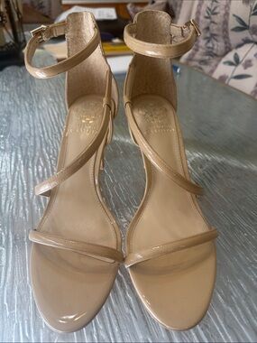 Vince Camuto Beige Patent Crisscross Ankle-Strap Heels